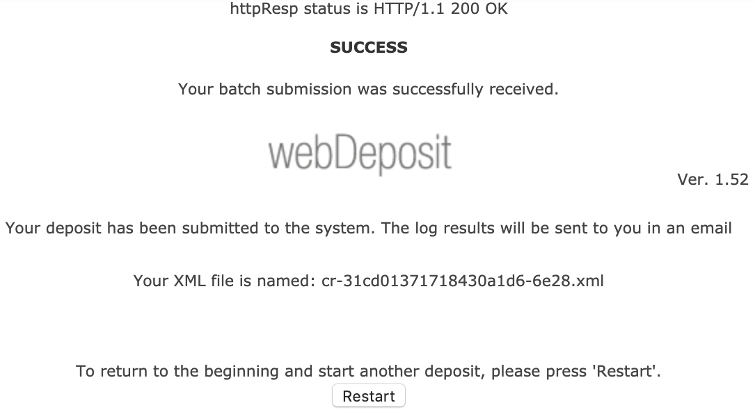 Web deposit form success message